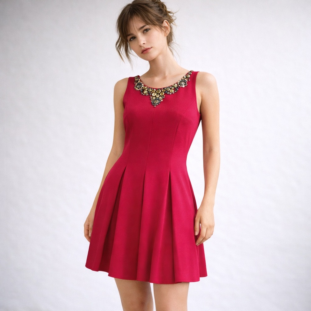 Adrianna Papell Red Pleated Mini Dress Jeweled Neck Tulle Lining Formal Sz 14